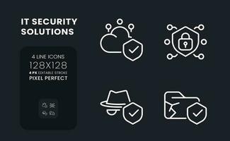 Data security solutions white linear desktop icons on black. Cloud computing provider. Pixel perfect 128x128, outline 4px. Isolated interface symbols pack for dark mode. Editable stroke vector