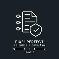 Cybersecurity insurance white linear desktop icon on black. Reduce risks. Online business. Pixel perfect 128x128, outline 4px. Isolated user interface symbol for dark theme. Editable stroke vector