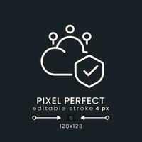 Cloud security white linear desktop icon on black. Data privacy protection. Access control. Pixel perfect 128x128, outline 4px. Isolated user interface symbol for dark theme. Editable stroke vector