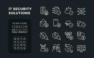 IT security solutions white linear desktop icons on black. Information privacy. Data protection. Pixel perfect 128x128, outline 4px. Isolated interface symbols pack for dark mode. Editable stroke vector