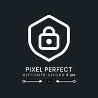 Protection white linear desktop icon on black. Shield with lock. System security. Internet privacy. Pixel perfect 128x128, outline 4px. Isolated user interface symbol for dark theme. Editable stroke vector