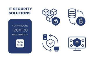 datos intimidad soluciones negro sólido escritorio íconos embalar. riesgo administración software. píxel Perfecto 128x128, contorno 4 píxeles. símbolos en blanco espacio. glifo pictogramas. aislado vector imágenes