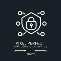 Network security white linear desktop icon on black. Personal data safety. System protection. Pixel perfect 128x128, outline 4px. Isolated user interface symbol for dark theme. Editable stroke vector