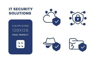 datos seguridad soluciones negro sólido escritorio íconos embalar. nube informática proveedor. píxel Perfecto 128x128, contorno 4 píxeles. símbolos en blanco espacio. glifo pictogramas. aislado vector imágenes