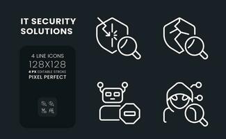 Cybersecurity solutions white linear desktop icons on black. Bot traffic detection. Pixel perfect 128x128, outline 4px. Isolated interface symbols pack for dark mode. Editable stroke vector