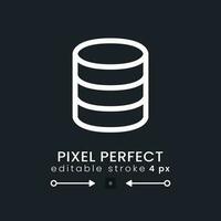 Database white linear desktop icon on black. Data storage. Cloud computing. Backup and recovery. Pixel perfect 128x128, outline 4px. Isolated user interface symbol for dark theme. Editable stroke vector