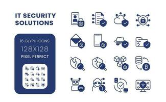 IT security solutions black solid desktop icons pack. Information privacy. Data protection. Pixel perfect 128x128, outline 4px. Symbols on white space. Glyph pictograms. Isolated vector images