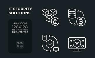 datos intimidad soluciones blanco lineal escritorio íconos en negro. riesgo administración software. píxel Perfecto 128x128, contorno 4 píxeles. aislado interfaz símbolos paquete para oscuro modo. editable carrera vector