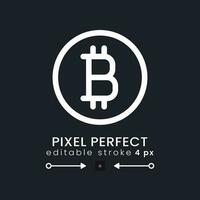 Bitcoin white linear desktop icon on black. Virtual money. Financial technology. Mining software. Pixel perfect 128x128, outline 4px. Isolated user interface symbol for dark theme. Editable stroke vector