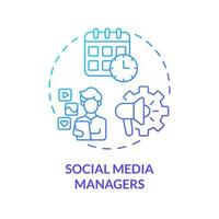 Social media managers blue gradient concept icon. Digital marketing. Content plan. Schedule post. Community management abstract idea thin line illustration. Isolated outline drawing vector