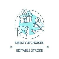 Lifestyle choices turquoise concept icon. Leisure activity. Travel cost. Spending money. Personal budget abstract idea thin line illustration. Isolated outline drawing. Editable stroke vector