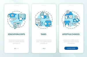 Living expenses blue onboarding mobile app screen. Budget management walkthrough 3 steps editable graphic instructions with linear concepts. UI, UX, GUI templated vector