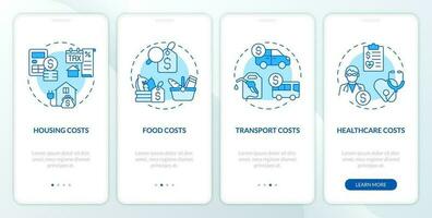 Costs of living blue onboarding mobile app screen. Personal finance walkthrough 4 steps editable graphic instructions with linear concepts. UI, UX, GUI templated vector