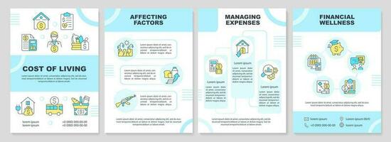 Cost of living turquoise brochure template. Basic need. Leaflet design with linear icons. Editable 4 vector layouts for presentation, annual reports