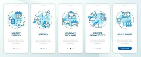 Calculate costs of living blue onboarding mobile app screen. Money expense walkthrough 5 steps editable graphic instructions with line concepts. UX, GUI templated vector