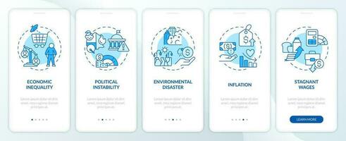 Cost of living crisis reasons blue onboarding mobile app screen. Walkthrough 5 steps editable graphic instructions with linear concepts. UI, UX, GUI templated vector