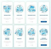 Costs of living blue onboarding mobile app screen set. Household budget walkthrough 4 steps editable graphic instructions with line concepts. UI, UX, GUI templated vector