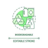 Biodegradable green concept icon. Compostable product. Eco friendly. Biobased material idea thin line illustration. Isolated outline drawing. Editable stroke vector