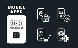 Mobile apps white linear desktop icons on black. Digital assistants. Software development. Pixel perfect 128x128, outline 4px. Isolated interface symbols pack for dark mode. Editable stroke vector