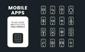 Mobile apps white linear desktop icons on black. Smartphone software. Market analytics. Online tools. Pixel perfect, outline 4px. Isolated interface symbols pack for dark mode. Editable stroke vector