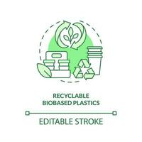 reciclable de base biológica plástica verde concepto icono. residuos gestión. biodegradable embalaje idea Delgado línea ilustración. aislado contorno dibujo. editable carrera vector