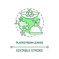 Plates from leaves green concept icon. Recyclable food packaging. Disposable tableware idea thin line illustration. Isolated outline drawing. Editable stroke vector