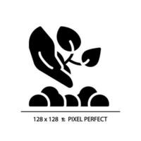 Replanting black glyph icon. Transplanting seedling. Moving plant to another location. Indirect seeding. Growing season. Silhouette symbol on white space. Solid pictogram. Vector isolated illustration