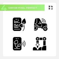 Agricultural technologies black glyph icons set on white space. Modern farming. Farm equipment. Agritech startup. Silhouette symbols. Solid pictogram pack. Vector isolated illustration