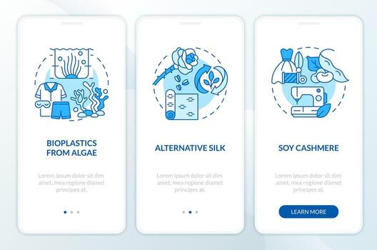 Bio based materials in fashion blue onboarding mobile app screen. Walkthrough 3 steps editable graphic instructions with linear concepts. UI, UX, GUI templated vector
