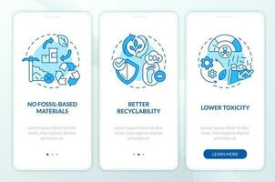 Bio based materials advantages blue onboarding mobile app screen. Walkthrough 3 steps editable graphic instructions with linear concepts. UI, UX, GUI templated vector