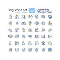 Operation management RGB color icons set. Business process administration. Maintenance and improvement. Isolated vector illustrations. Simple filled line drawings collection. Editable stroke