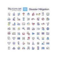 Disaster mitigation RGB color icons set. Risk management. Damage prevention. Strategy and planning. Isolated vector illustrations. Simple filled line drawings collection. Editable stroke