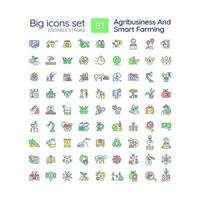 Agribusiness and smart farming RGB color icons set. Agriculture technologies. E-agriculture. Process automation. Isolated vector illustrations. Simple filled line drawings collection. Editable stroke