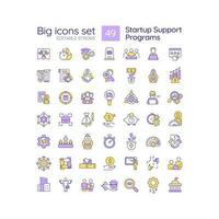 Startup support programs RGB color icons set. Financial support for organization. Investments. Business plan. Isolated vector illustrations. Simple filled line drawings collection. Editable stroke