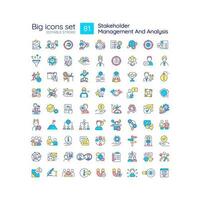 Stakeholder management and analysis RGB color icons set. Business strategy and planning. Assessment isolated vector illustrations. Simple filled line drawings collection. Editable stroke