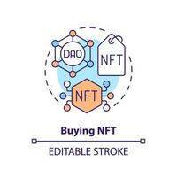 Buying NFT concept icon. Unique virtual art market. DAO usage purpose abstract idea thin line illustration. Isolated outline drawing. Editable stroke vector