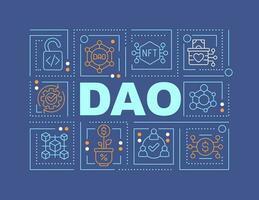 DAO word concepts blue banner. Decentralized autonomous organizations. Infographics with editable icons on color background. Isolated typography. Vector illustration with text