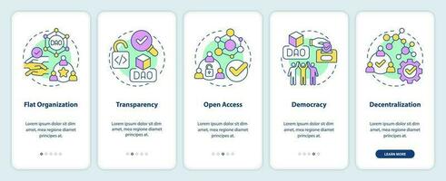 DAO characteristics onboarding mobile app screen. Decentralization walkthrough 5 steps editable graphic instructions with linear concepts. UI, UX, GUI templated vector