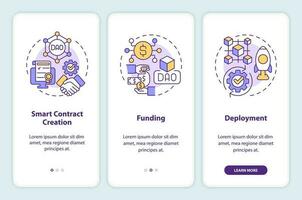 DAO lunch stages onboarding mobile app screen. Internet technology walkthrough 3 steps editable graphic instructions with linear concepts. UI, UX, GUI templated vector