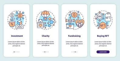 DAO usage purpose onboarding mobile app screen. Internet business walkthrough 4 steps editable graphic instructions with linear concepts. UI, UX, GUI templated vector
