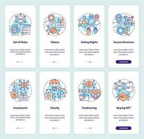 DAO elements and usage purpose onboarding mobile app screens set. Walkthrough 4 steps editable graphic instructions with linear concepts. UI, UX, GUI templated vector