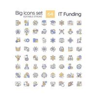 IT funding RGB color icons set. Investment in software development. Financial resources of tech development. Isolated vector illustrations. Simple filled line drawings collection. Editable stroke