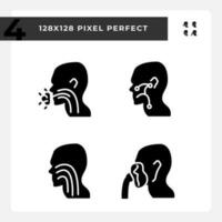 Throat treatment black glyph icons set on white space. Infections spreading prevention. Patients with diseases. Silhouette symbols. Solid pictogram pack. Vector isolated illustration