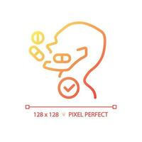 Take medication pixel perfect gradient linear vector icon. Pills falling into patient throat. Pharmacy for disease. Thin line color symbol. Modern style pictogram. Vector isolated outline drawing