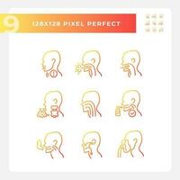 Throat problem diagnostics pixel perfect gradient linear vector icons set. Different diseases of human gullet. Thin line contour symbol designs bundle. Isolated outline illustrations collection