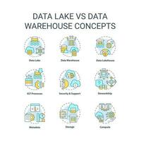 datos lago vs datos almacén concepto íconos colocar. información almacenamiento. analítica idea Delgado línea color ilustraciones. aislado simbolos editable carrera vector