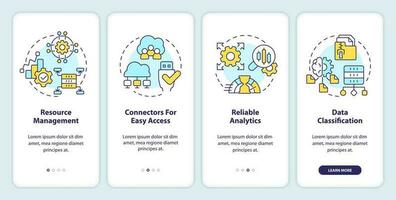 Data lake architecture onboarding mobile app screen. Walkthrough 4 steps editable graphic instructions with linear concepts. UI, UX, GUI templated vector