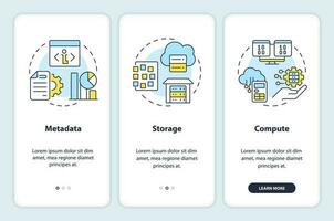 datos lago y almacén inducción móvil aplicación pantalla. diferencias recorrido 3 pasos editable gráfico instrucciones con lineal conceptos. ui, ux, gui plantilla vector