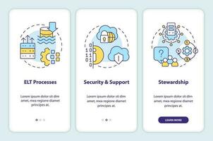 Data lake architecture components onboarding mobile app screen. Walkthrough 3 steps editable graphic instructions with linear concepts. UI, UX, GUI templated vector