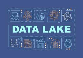 Data lake word concepts dark blue banner. Digital storage. Analytics. Infographics with editable icons on color background. Isolated typography. Vector illustration with text